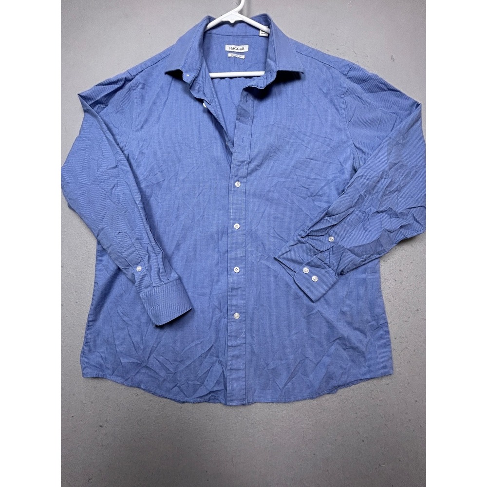 Haggar Button Down Shirt Micro Check Blue 16-16.5 34/35 Mens